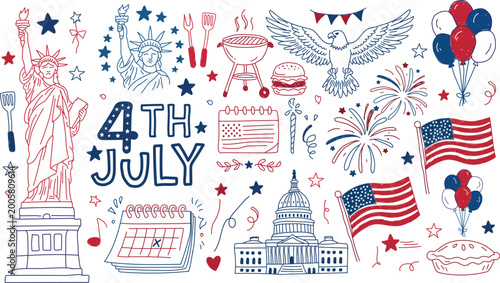Photos Fourth of july doodle hand drawn illustration