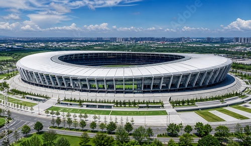 Ariel view of a modern, large, circular stadium with a white roof and surrounding green spaces under a clear blue sky.
