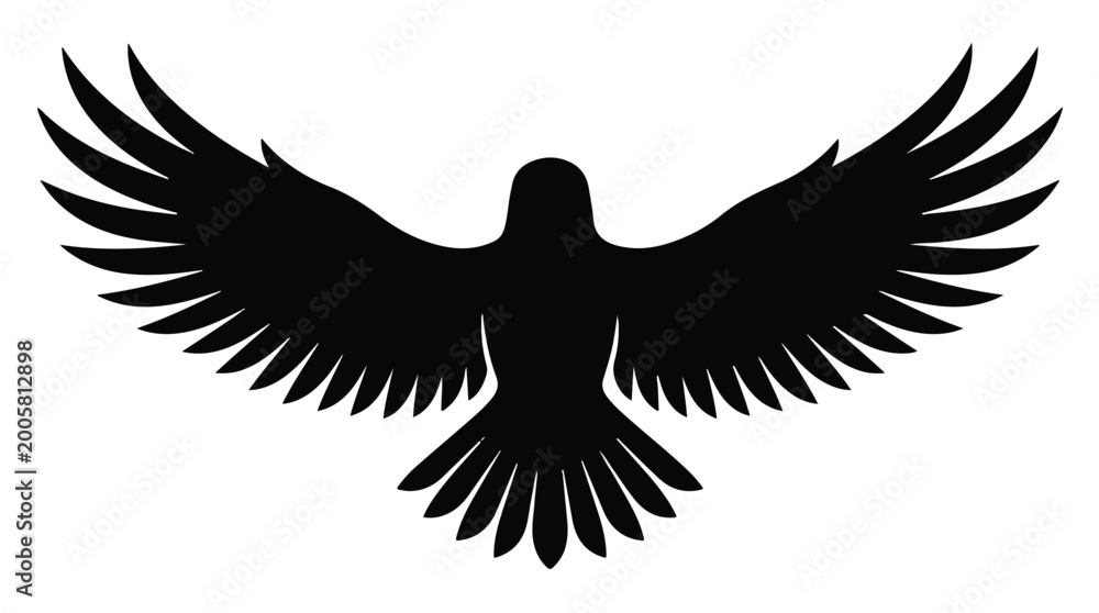 Obraz premium Black bird silhouette with outstretched wings on white background, freedom and flight concept, symbol of nature and wildlife
