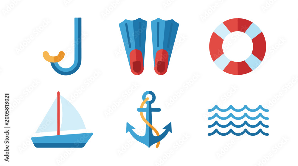 Fototapeta premium flat design summer beach vacation nautical icons set with lifebuoy sailboat anchor