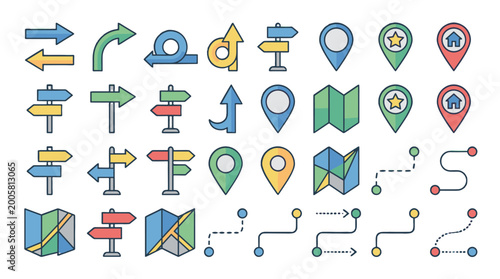 colorful 3d location navigation icons set with map pins and direction arrows