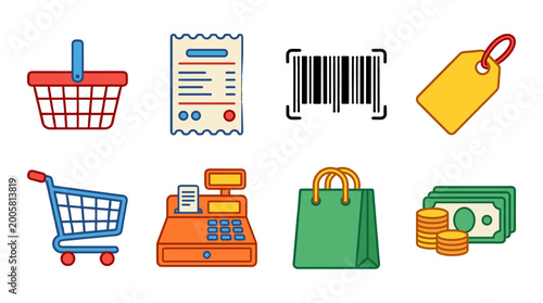 Fotografía flat design shopping and payment icons set with basket and cash register