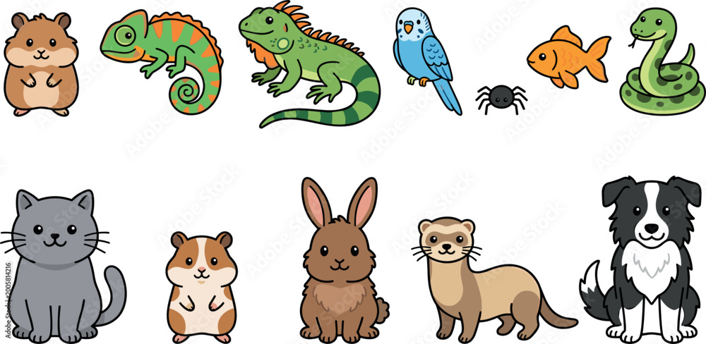 Obraz premium Cute Pet and Exotic Animal Set with Hamster, Chameleon, Fish, Cat, Rabbit, and Dog Characters for Kids, Wildlife, and Animal Designs