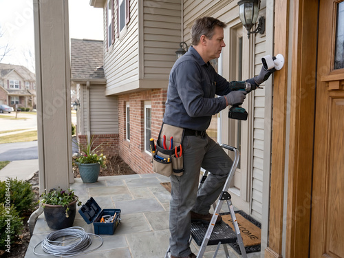 Man installing security camera at front door of suburban home