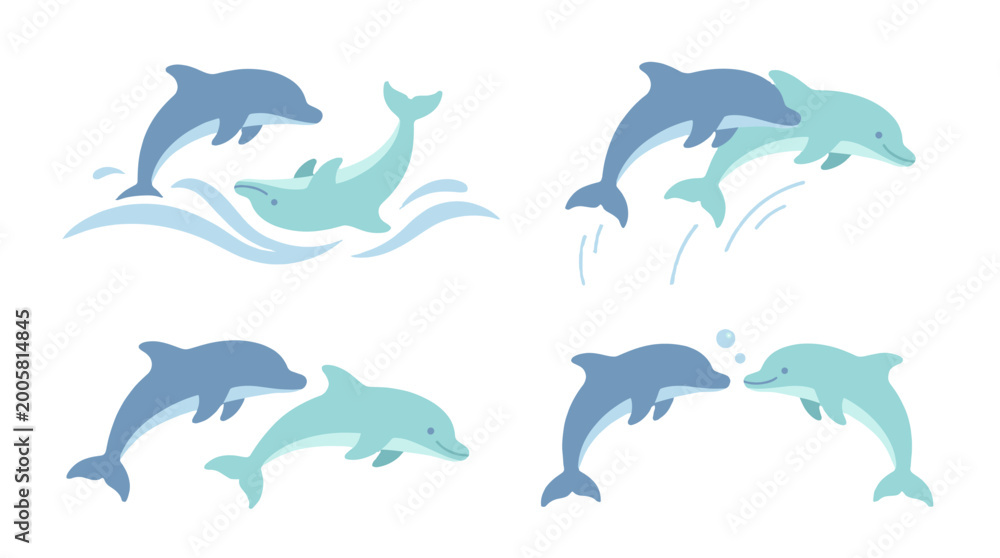 Obraz premium minimalist vector dolphins swimming in ocean waves illustration