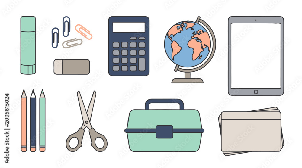 Fototapeta premium flat lay office and travel essentials with globe and calculator