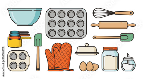 Tableau sur toile flat lay baking ingredients and tools set with muffin tin and eggs