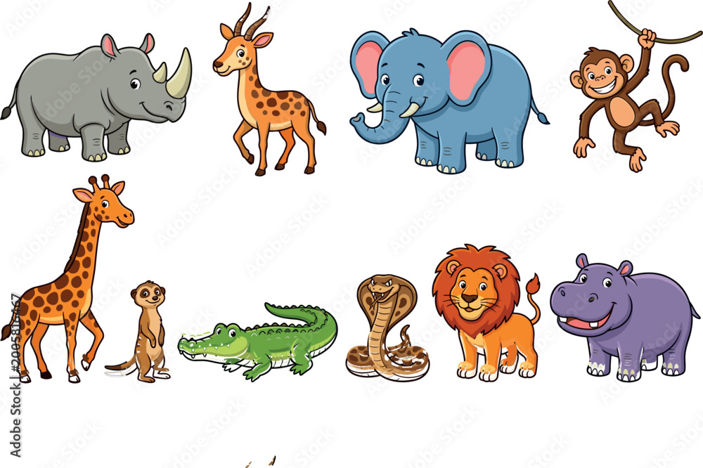 Obraz premium Safari Animal Set with Rhino, Giraffe, Elephant, Monkey, Lion, and More for Kids, Wildlife, and Nature Designs