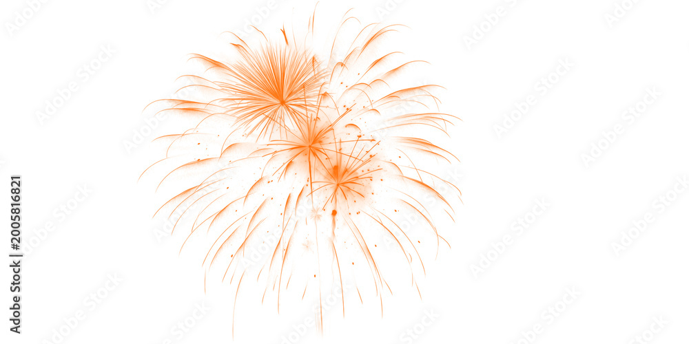 Obraz premium Orange Triple Star Fireworks Burst with Curved Tails on Black Background, Glowing Display for New Year, Diwali, Festival, Celebration Night Party Event Sky Decoration Design