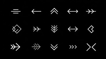Set of minimalist white arrow icons on black background for design