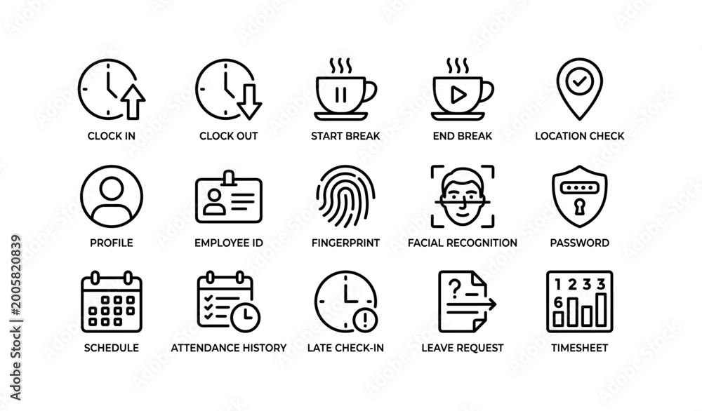 Naklejka premium Work attendance and time tracking icons on white background