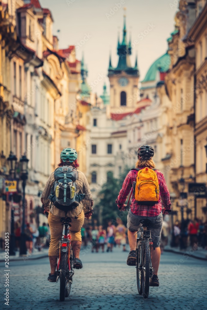Obraz premium Cardio sports cycling biking exercise training, healthy lifestyle. Two people riding bicycles down a cobblestone street in the old town of Prague, surrounded by buildings, street lights.