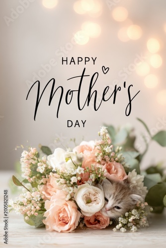 Mothers Day, Valentines Day, love holiday theme. A happy mothers day card featuring a kitten surrounded by a bouquet of flowers and leaves on a wooden surface.