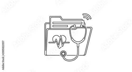 Digital Health Record Folder with Stethoscope and Heartbeat Icon