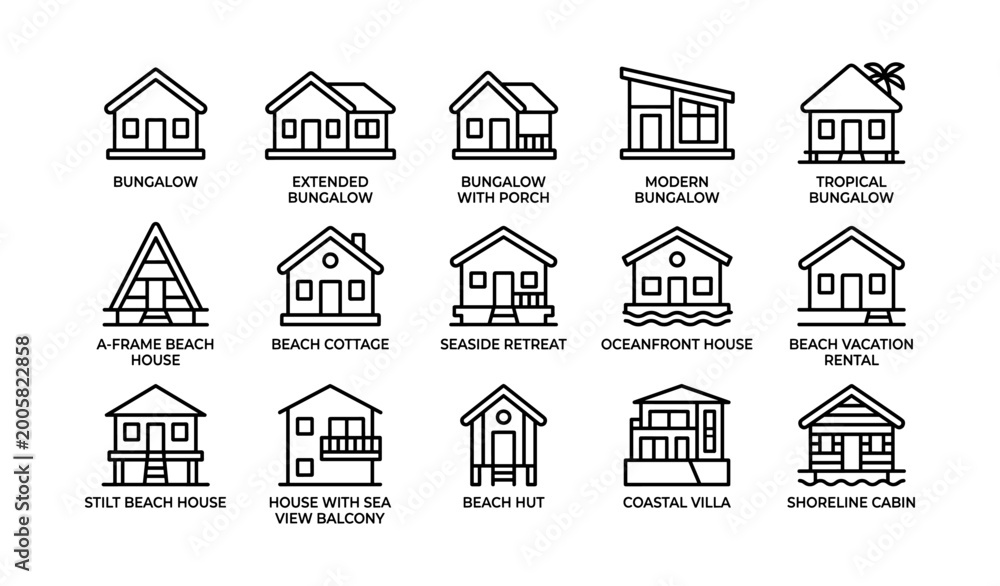 Fototapeta premium Beach house icons arranged in grid on white background
