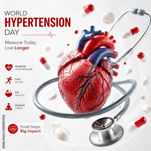 World Hypertension Day Healthcare Banner Realistic human heart surrounded by pills and stethoscope