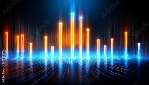 abstract bar graph with glowing blue and orange lights on a dark background