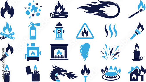 Photography Set of fire and heat related icons symbols and design elements for energy and danger concepts