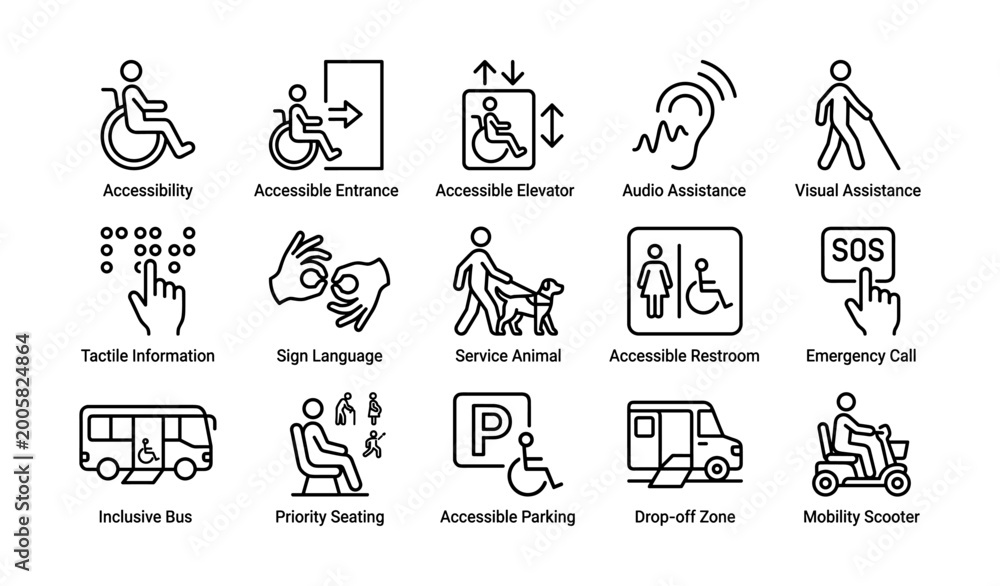 Fototapeta premium Accessibility and inclusive transport icons arranged in grid