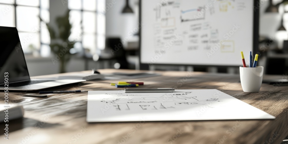 Obraz premium A modern workspace with a laptop and sketch papers for improved creativity and productivity