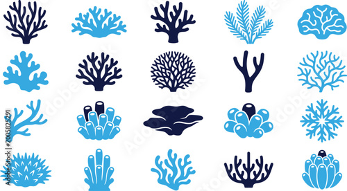 Set of blue and dark blue coral icons and underwater sea nature elements marine life.