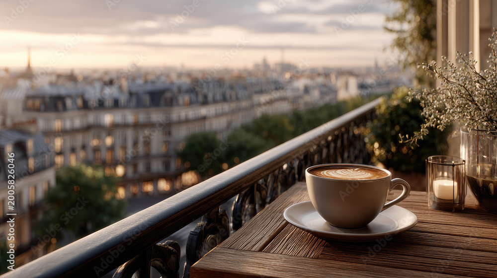 Fototapeta premium Morning coffee on a Parisian balcony overlooking the city skyline at sunrise, enjoying a relaxing European travel experience and tranquil urban breakfast moment