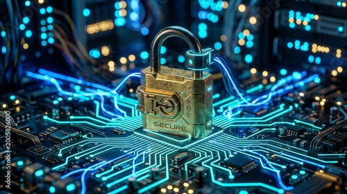 cybersecurity service concept of motherboard and safety authentication network or AI regulation laws with login and connecting.
