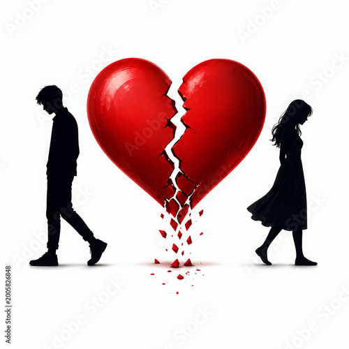 Heartbreak Silhouette: A poignant scene of separation, a fractured heart symbolizing the end of a relationship, with silhouettes of two individuals walking away.