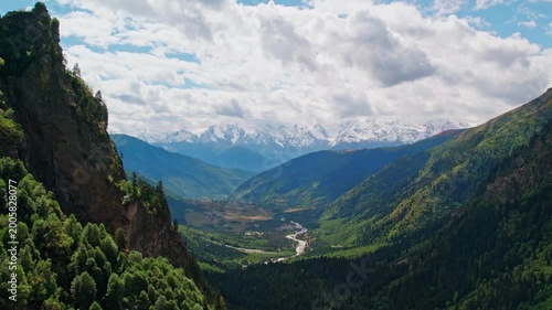 Panoramic Valley View in Svaneti Mountains, Georgia – Caucasus Landscape with River and Snow Peaks