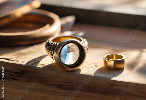 ornate metal ring featuring a built-in magnifying lens with finely detailed engraved decorative patterns 