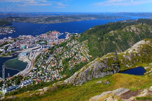 Bergen city, Norway. Summer aerial view of downtown Bergenhus and Bryggen districts. View from Ulriken mountain.