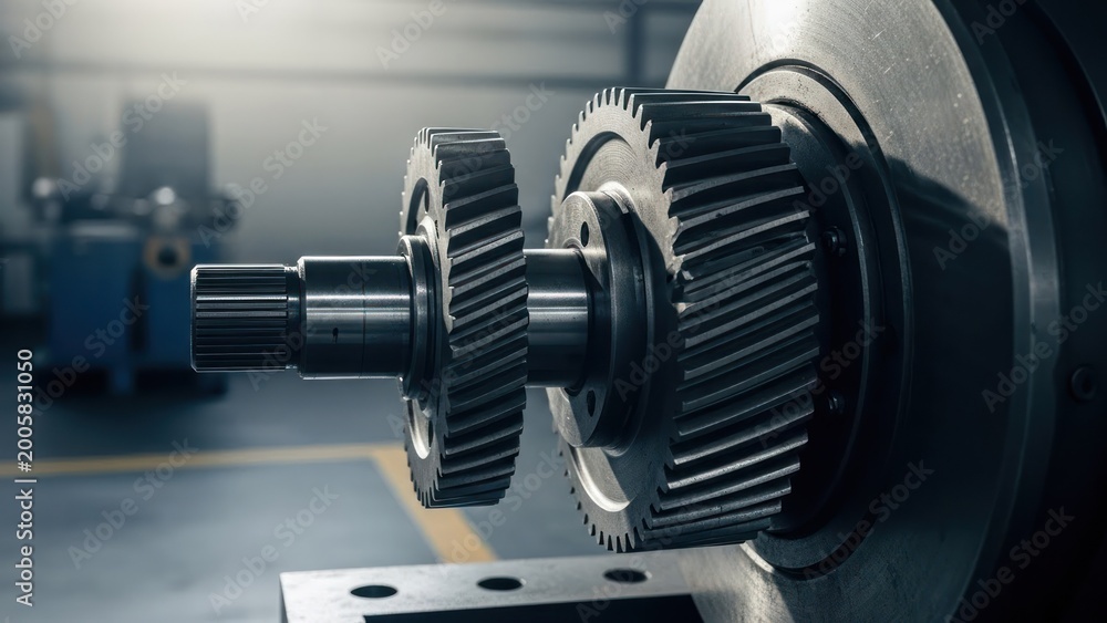 Fototapeta premium Two meshing gears are mounted on a cylindrical shaft, factory setting in focus