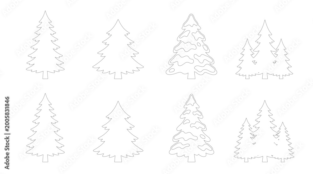 Obraz premium Set of 8 Editable Stroke Christmas Pine Tree Outline Icons — Evergreen Fir Tree Silhouettes Minimalist Line Art Vector Illustration Isolated on White