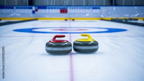 Two curling stones on ice, ready to play, with the target circle blurred in the background