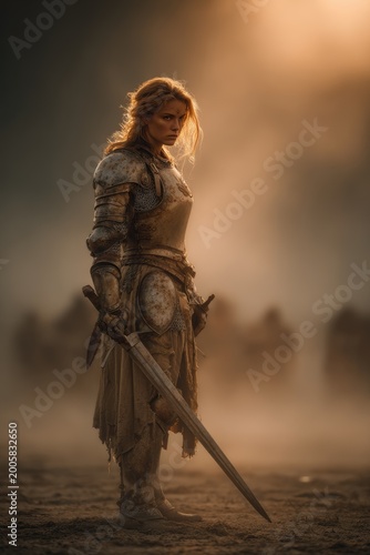 Fantasy wallpaper. A dramatic portrayal of a female warrior standing in a desolate landscape. She wears ornate, metallic armor with intricate designs and a flowing skirt. Her long.