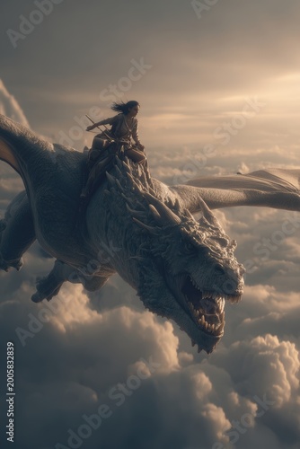 Fantasy wallpaper. A dramatic portrayal of a warrior riding atop a colossal, intricately detailed dragon. The warrior, with long dark hair, wears a longsleeved shirt and dark pants, wielding a weapon.