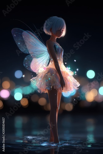 Fantasy wallpaper. A vivid digital artwork depicts a fairylike figure standing in a still body of water. The fairy has a short, silver bob hairstyle and large.