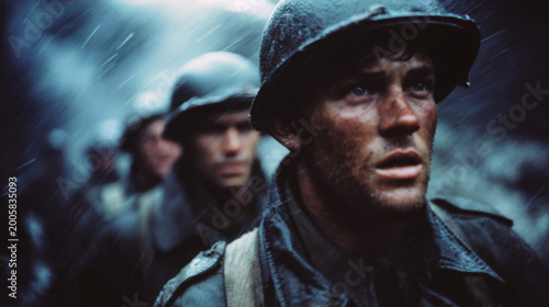 Dramatic portrayal of soldiers in rain during a historical conflict