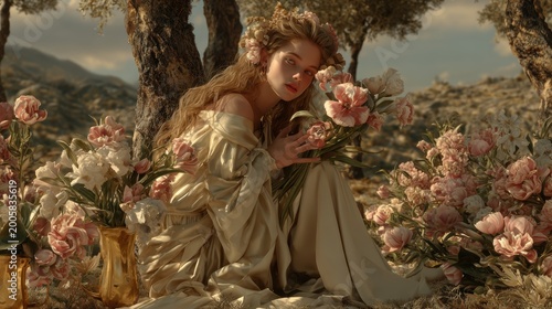 Greek mythology goddess. A detailed digital artwork depicts a woman in a serene outdoor setting. She wears a flowing, offtheshoulder gown and a delicate floral crown. Her long.