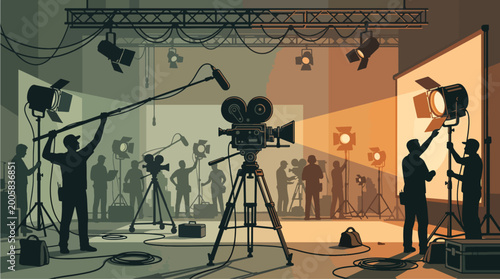 Film Production Crew Working on a Movie Set With Camera, Lighting and Sound Equipment