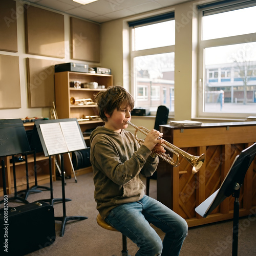 Teenage boy playing trumpet in music classroom during practice