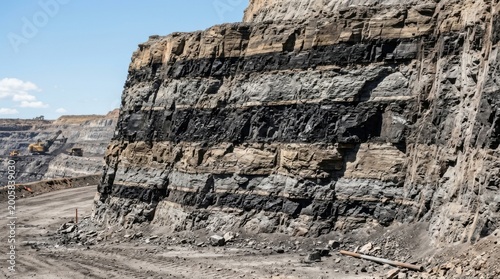 Coal seam layers exposed in open pit mine, geological formation.