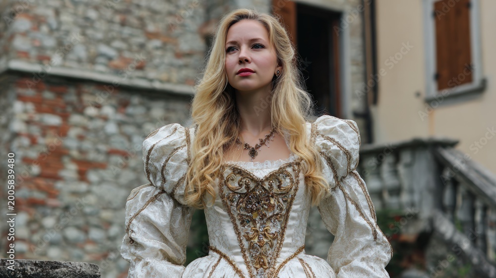 Fototapeta premium Europe medieval lifestyle. A portrait of a woman with long, wavy blonde hair, captured in a side profile. She wears a white, ornate dress with intricate gold embroidery and a deep Vneckline.