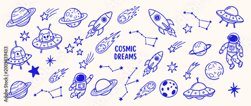 Bild auf Leinwand Cosmic Dreams: A whimsical doodle illustrations of the cosmos, filled with stars, planets, rockets, and playful extraterrestrial creatures