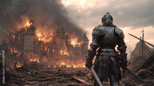 Europe medieval lifestyle. A vivid portrayal of a medieval battle scene. A knight in full armor stands in the foreground, facing away from the viewer.