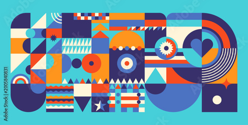 Modern geometric illustration with vibrant color shapes and abstract elements in a flat composition. Vector illustration.