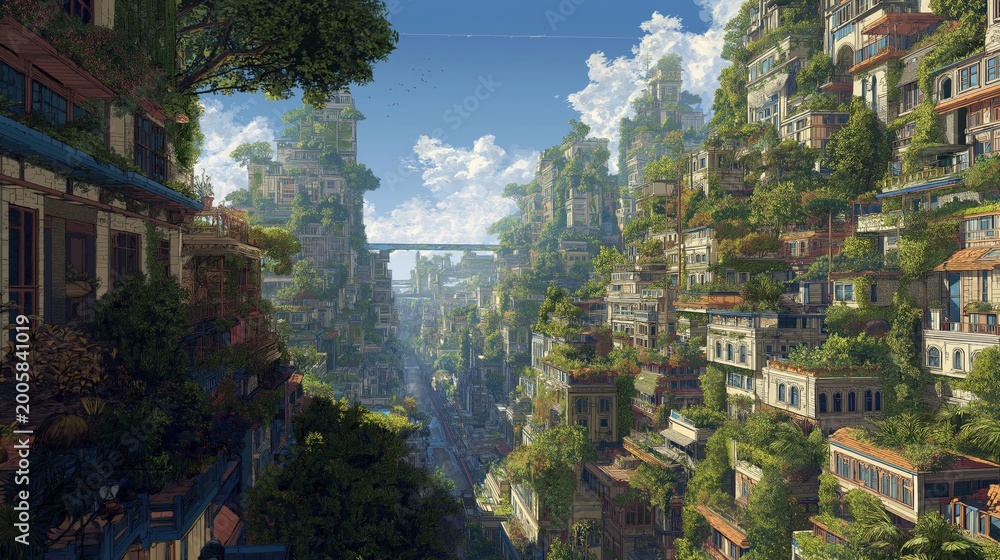 Fototapeta premium A futuristic cityscape densely integrated with lush greenery, featuring tall buildings covered in plants and a bright sky with clouds.