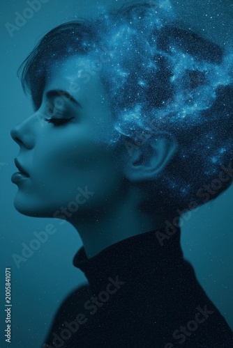 A side profile of a woman with her hair blending into a starry galaxy, symbolizing imagination and cosmic thought.