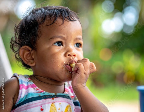 A young child with dark curly hair is seen eating a snack. The child has food around its mouth and looks off into the distance