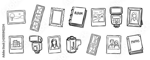 Photography memories photo album and film camera icons set vector illustration
